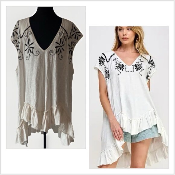Free People Floral Embroidered Oversized Tunic Top Women’s Medium Boho Peasant - Picture 1 of 16